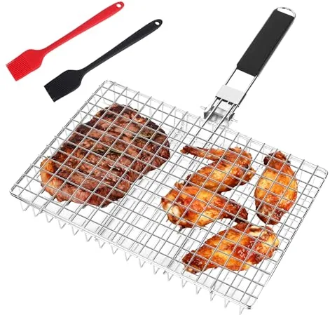 Cesta para Asar Pescado,Canasta de asado de Pescado con 2 Cepillos,Parrilla de Barbacoa de Acero Inoxidable,Plegable,portátil,apto para camping y barbacoa,pescado,verduras,camarones