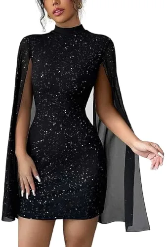 Gkaopi Vestido Mujer Sexy Corto Manga Larga Cuello Alto Mini Vestidos Ajustado Elegante Lentejuelas Vestido de Fiesta Casual Bodycon Wrap Vestidos para Cóctel Noche Clubwear