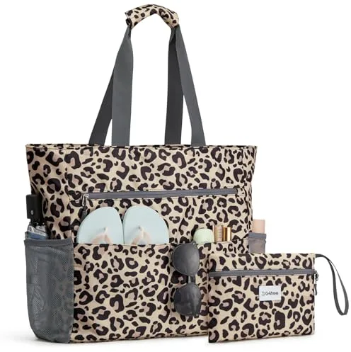 G4Free Bolsa de playa grande para mujer, impermeable, a prueba de arena, con bolsa de maquillaje y bolsillo con cremallera, leopardo, 35L