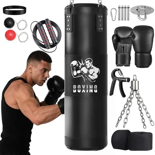 Qoosea Saco de Boxeo Adulto para Colgar, 1.2M Bolsa de Boxeo con Guantes de 17 Onzas y Accesorios Bolsas, Cuero Punching Ball Estable para Karate MMA Taekwondo Thai Fitness(Sin Relleno)