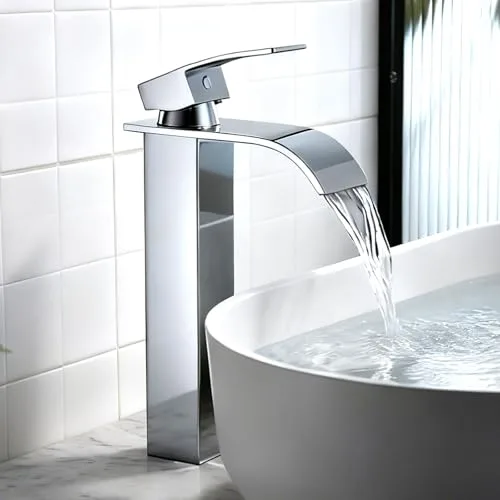 Nafall Grifo Lavabo Alto Cascada, Grifos para Lavabos de BañO con Cascada, Mezclador Monomando, Altura del CañO 200 Mm, Apto Para Lavabos de Encimera, Lavamanos y Lavabos de BañO