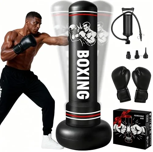 Qoosea Saco de Boxeo Adulto, 190cm Bolsa de Boxeo Inflable de Pie con Guantes, Mujeres Hombres Stand Kickboxing Bolsas, Punching Ball Estable para Karate MMA Taekwondo Thai Fitness