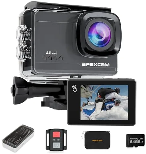 Apexcam M90 cámara Deportiva 4K/64MP con 64G Tarjeta cámara acción EIS con Pantalla táctil WiFi 8X Zoon cámara Sumergible subacuática 40M y Mando a Distancia con Dos 1350*baterías y Otros Accesorios