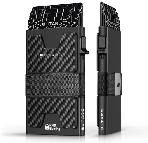 WUTARG Tarjetero Hombre RFID Cartera Slim Metálica, Billetera Minimalista Antirrobo, Clip Billetes, Protección NFC, Regalo San Valentin, 12 Tarjetas - Aluminio 6061 (Carbon Black)