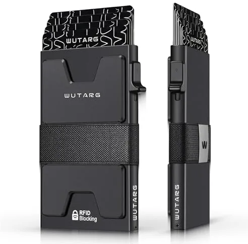 WUTARG Tarjetero Hombre RFID Cartera Slim Metálica, Billetera Minimalista Antirrobo, Clip Billetes, Protección NFC, Regalo San Valentin, 12 Tarjetas - Aluminio 6061 (Carbon Matte)