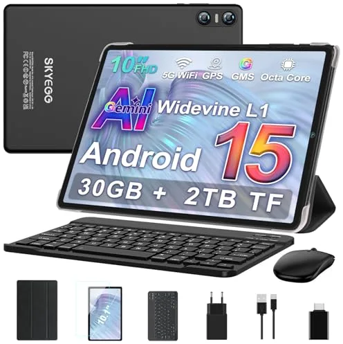 SKYEGG Tablet 10 Pulgadas Android 15 con Gemini AI, 30 GB RAM + Ampliable 2 TB ROM, Octa-Core, Widevine L1, WiFi 5G, BT 5.0, Cámara 8 MP + 5 MP, Batería 6000 mAh, con Teclado, Ratón y Funda – Negro