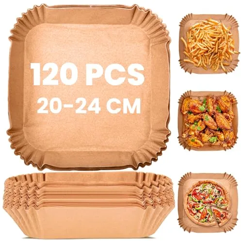 KitchenBoss 120 Piezas Papel Freidora Aire：20-24cm Papel Air Fryer Cuadrado, Papel Pergamino Freidora Aire Desechable Antiadherente para 5-8L Freidora, Horno, Microondas