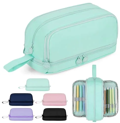 AOOSU Estuche Escolar Grande con 4 Compartimentos, Estuche de Gran Capacidad Bolsa de lápiz Expandible, Estuche Organizador de Papelería para Niñas, Niños, Adolescentes, Mujeres, Hombres(Verde)