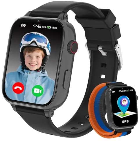 Reloj Inteligente Niño GPS y Llamadas, 4G Smartwatch Niños Niñas con Telefono Chat de Voz, SOS, Videollamada, Modo Clase, Cámara, Podómetro, Reloj Llamadas Niños Niña Infantil de 5 a 12 Años, Negro