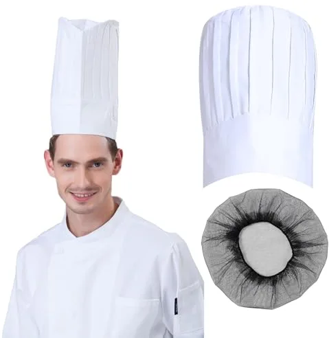 Gorro de cocinero Unisex,Sombrero de Chef,Gorro de Chef,Gorro Cocina,Sombrero de Cocinero,para Hogar Restaurante,Blanco,29cm,con Redecillas para el Pelo de Cocina