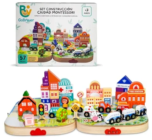 GoBruver Juguete Montessori de Madera 57 Piezas para Niños 3 4 5 6 Años - Set de Construcción Ciudad con Tren de Madera, Coches, Edificios y señales -Juego Eduacativo con Maletin