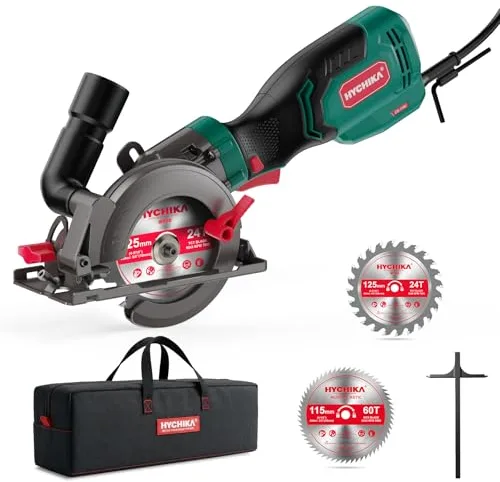 HYCHIKA Sierra Circular de Mano, Mini Sierra Circular 750W 3500 rpm con Bolsa de Transporte, 3 Hojas de Sierra 115+125mm, Riel de Guía, Profundidad de Corte 48mm, para Madera, Metal Blando, Plástico