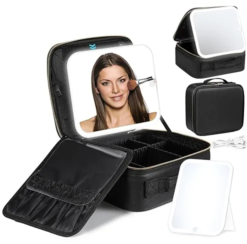 Luxspire Estuche de Maquillaje, Maletín con Espejo Iluminado Desmontable, Neceser de Viaje Portátil para Mujeres, Bolso Profesional para Maquilladores con Separadores Ajustables, Negro