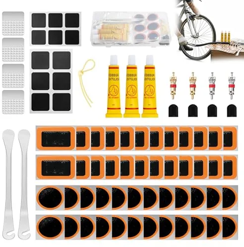 AONAT Kit Reparación Bicicleta 128 Piezas, Parches Autoadhesivos para Neumáticos, Kit Pinchazos Bici con Caja Portátil, Adecuado para Bicicletas de Montaña y Carretera