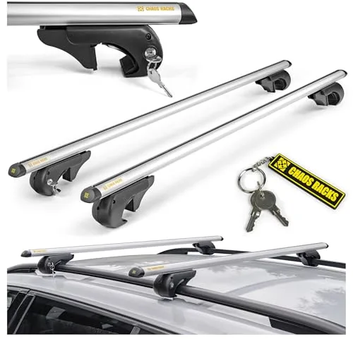 Chaos Racks | Baca Coche Universal para Raíles Abiertos; Barras de Techo; Transporta de Forma Segura Cofre de Techo, Portabicicletas y Escalera; Construcción de Aluminio Ligera y Resistente; 120 cm