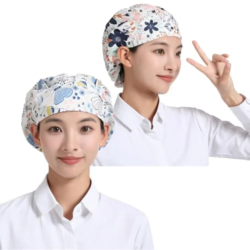 VYNZOR 2 Piezas Gorro Cocina Mujer y Hombre, Ajustable de Algodón PPM, Gorro Chef Transpirable con Estampado de Flores, Ideal para Cocina, Panadería y Servicio Alimentario