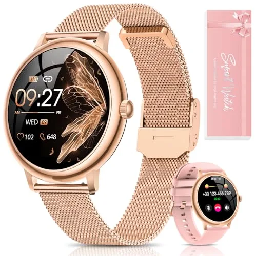 RUXINGX Reloj Inteligente Mujer, Redondo Elegante 1.19" AMOLED Pantalla Táctil, Smartwatch con Llamadas, Función Femenina, 120+ Deportes Pulsómetro SpO2 Sueño Podómetro Android iOS Regalo Navidad Oro