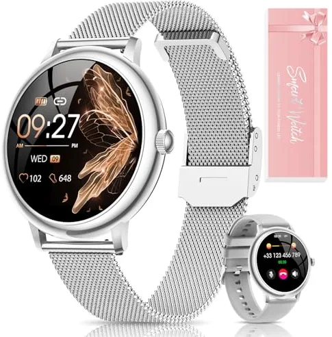 RUXINGX Reloj Inteligente Mujer, Redondo Elegante 1.19" AMOLED Pantalla Táctil, Smartwatch con Llamadas Función Femenina 120+ Deportes Pulsómetro SpO2 Sueño Podómetro Android iOS Regalo Navidad Plata