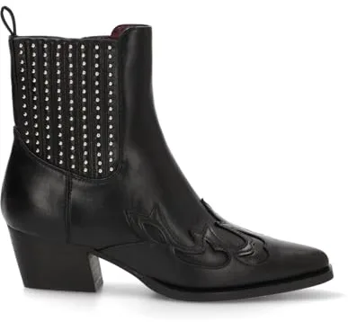 Etika Botines Camperos de Tacón para Mujer, Bota Estilo Cowboy con Tachuelas, Tacón Cubano de 5cm y Cierre con Cremallera, Modelo 110547 Negro - 37