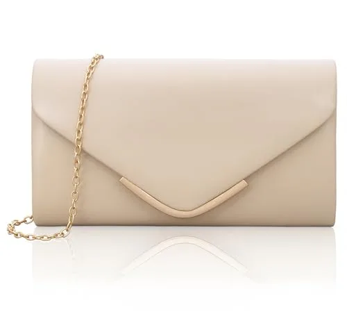 Larcenciel Bolso Mujer Albaricoque, Elegante Bolso Cuero de Mano Vegana con Cadena Desmontable, Sobre Clutch Fiesta de Noche de Piel Clásico, Cartera de Mano Crema de Moda para Boda, Fiesta, 22x11x5CM