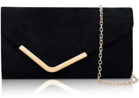 Larcenciel Bolso Mujer Negro, Elegante Bolso de Mano de Terciopelo con Cadena Desmontable, Clásico Clutch de Noche Sobre de Ante, Moda Bandolera Carteras de Mano para Boda, Fiesta, Cóctele, 22x11x5CM