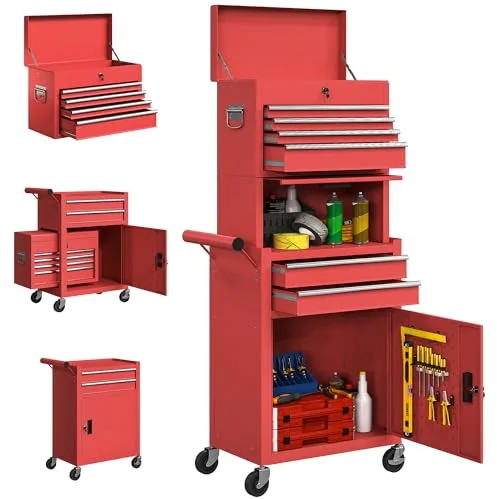 HOMCOM Carro de Herramientas con 6 Cajones y Cerraduras, 3 en 1, Carro de Taller Móvil con Ruedas y Panel Lateral Perforado, Caja de Herramientas Desmontable de Acero, para Taller, Garaje, Rojo