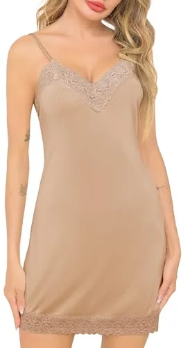 Sopesil Enaguas para Mujeres Combinaciones para Vestidos con Encaje Camisiones Tirantes Full Slip Mujer Petticoat Elegante Mini Vestido Tirantes Sexy, Caqui, L