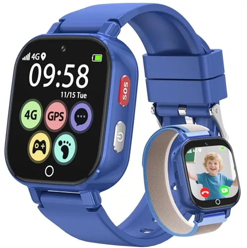 Alutoria Reloj Inteligente niños-Reloj con GPS y Llamadas 4G Videollamadas Chat de Voz Mensajes SOS WiFi Juegos Podómetro-Reloj Smart Watch Niños Regalos 4-13 Azul