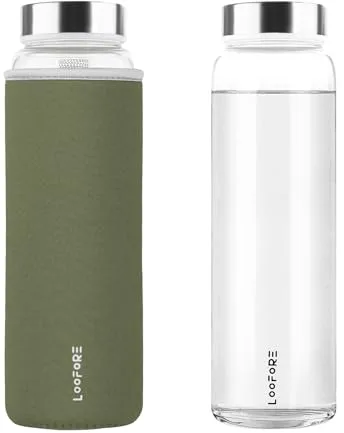 LOOFORE Botella de Cristal de 1 litro, 1L Botella de Vidrio de Borosilicato con Cubierta Protectora para Bebidas Frías y Calientes, Agua Reutilizable para Oficina, Deporte, Camping, Niños y Adultos