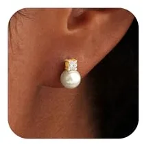 ZNBOH Pendientes Perla Mujer Plata de Ley 925 Hipoalergenicos Oro Pendientes con Blanco Perlas Cultivadas Circonita Bola Novia Helix Piercing Tragus Naturales Perlas 6mm/8mm/15mm