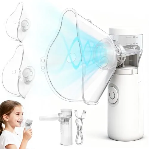Nebulizador portátil silencioso y recargable, con nebulización eficiente, incluye 2 mascarillas y 1 boquilla, adecuado para adultos y niños, ideal para uso doméstico y viajes (Blanco)