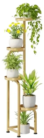 Bamworld Soporte esquinero para plantas de interior y exterior, soportes altos de metal para múltiples plantas, estante dorado resistente de 4 niveles para patio, jardín, balcón, sala de estar