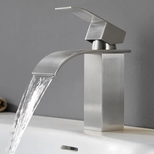 CECIPA Grifo de baño, grifo de lavabo cascada, grifo de baño de acero inoxidable, grifos de lavabo con agua caliente y fría, monomando, 85 mm de alto, plata cepillada