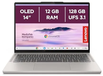 Lenovo Chromebook Plus Gen 10 - Ordenador Portátil 14'' WUXGA OLED (MediaTek Kompanio Ultra 910, 12GB RAM, 128GB UFS, ChromeOS)-Seashell + 1 año de Google AI Pro con Gemini Pro y 2TB de Almacenamiento
