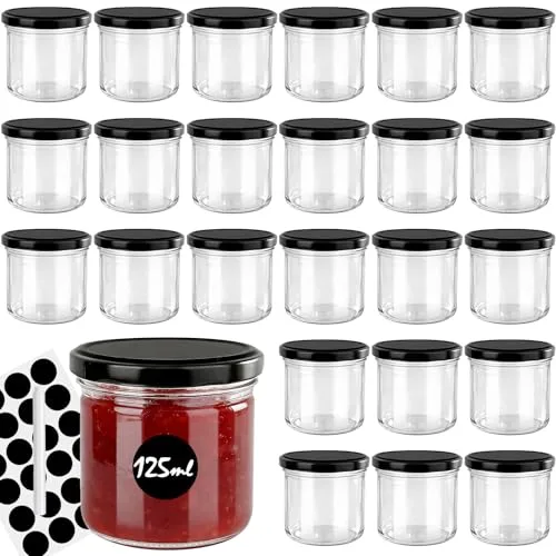 Otauoaea 24 Tarros Pequeños de 125ml, Botes Cristal Pequeños con Tapa Hermética, Tarro Cristal con Pegatinas y Bolígrafo, Tarros Cristal para Conservas, Postres, Miel, Especias
