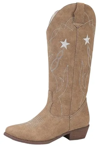 Botas De Mujer Estilo Cowboy Cana Alta con Flecos Comodas Negras Tacon Bajo Elegantes Bordado Tacon Ancho Moda Marrones Vaquera Casual Botas Cowboy De Mujer Ideales Para Temporada Otono Invierno.