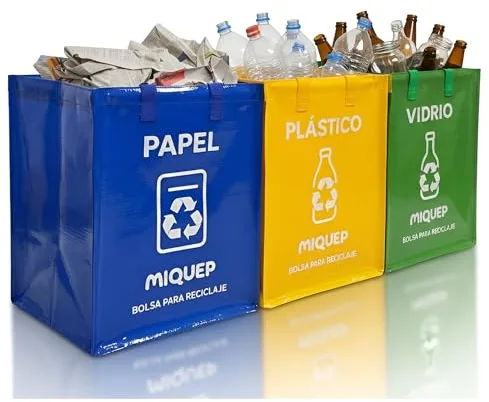 MIQUEP®️ Bolsas reciclaje basura colores (Set 3) con asas de nylon: bolsa reciclaje plastico, reciclar papel y cubo reciclaje vidrio — plegables y resistentes, organizador de basura para casa