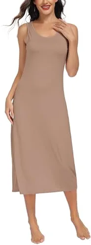 Lovasy Combinacion Interior Mujer Vestidos Modal Camisones de Mujer Extra Largo Camison Tirantes Anchos Enaguas Enteras,Marrón Oscuro,L