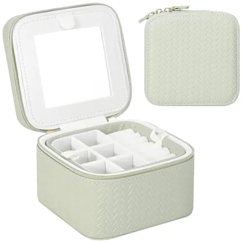 DesignSter Joyero de viaje, pequeño organizador de joyas de viaje con espejo, caja de almacenamiento portátil de 2 capas de poliuretano para mujeres y niñas, color verde