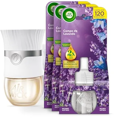 Air Wick Ambientador Eléctrico - Aparato difusor inteligente con tecnología Anti-Fading + 3 Recambios con aroma a Lavanda, infusionado con 2 veces más aceites esenciales
