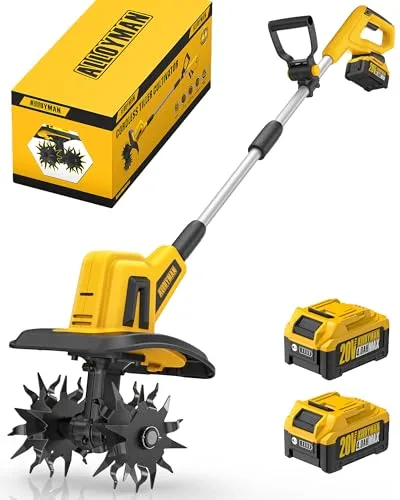 Alloyman Motoazada eléctrica de 20V MAX, cultivador de jardín, 360 RPM, con 2 baterías de 4,0 Ah y Cargador, Ancho de Trabajo de 23 cm, Profundidad de 17 cm, motoazada para Suelos