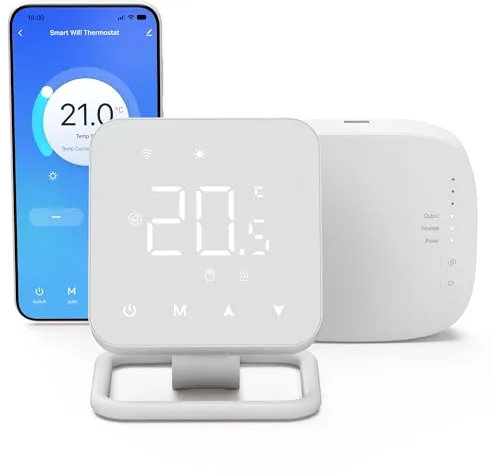 Vaconoff Termostato WiFi inalámbrico Inteligente para Caldera y Calefacción, Alimentación por batería o USB.programable Diariamente.Control Remoto por Tuya/Smart Life App y por Voz Alexa/Google,3A