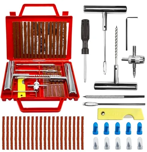 38PCS Kit Repara Pinchazos para Coche y Moto, kit antipinchazos neumático, Mechas y Clavos de gomas, Compacto para Maletero, Solución emergencia, Fácil Uso sin Experiencia