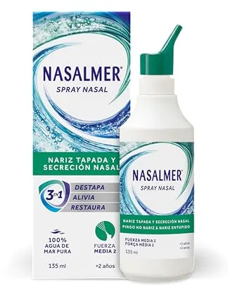 Nasalmer Spray Nasal Fuerza Media 2, 100% Agua de Mar, Alivio de la Nariz Tapada, Adultos y Niños +2 años, 135 ml