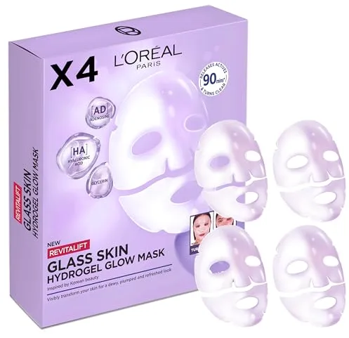 L'Oréal Paris Revitalift Filler Glass Skin Mascarilla Facial Hidrogel Iluminadora, Piel Jugosa y Radiante. Tratamiento rellenador, Ácido Hialurónico, Glicerina, Extracto Centella Asiática, Pack de 4