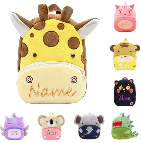 XNBTIM Mochila Infantil Personalizada, Nombre Bordado Adecuado Para NiñAs, NiñOs, Mochila Bebe Lindos Patrones de Animales Apto Para Colegios, Guarderia Regalos Personalizados 8 Estilos（Jirafa）