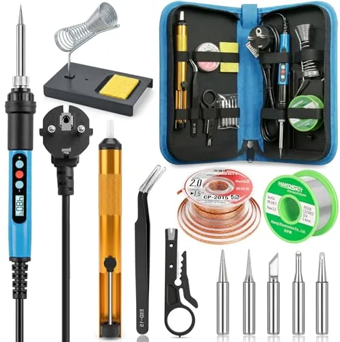 HANDSKIT Soldador de Estaño 90w 14 en 1 Soldadores de Estaño con Temperatura Ajustable 180-480°C y Pantalla Lcd Digital,5 Pcs Puntas,Bomba Desoldadora,Pinzas,Para Trabajos y Reparaciones Eléctricas
