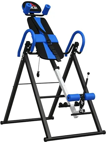HOMCOM Tabla de Inversión Plegable con Bloqueo de Inclinación, Ángulo Ajustable hasta 90°, Banco de Inversión con Cinturón y Almohadillas de Seguridad para Aliviar Espalda, Mejorar la Circulación Azul