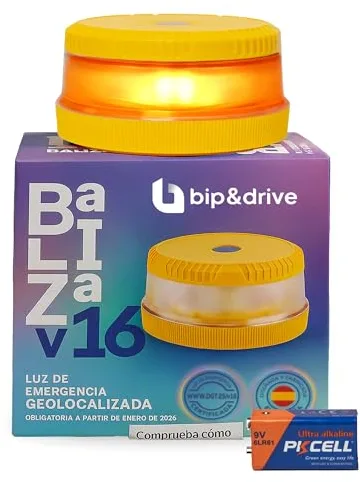 Baliza V16 Homologada DGT con Geolocalización | Luz de Emergencia Coche LED 360° 1km | Conectada Plataforma DGT 3.0 | Resistente a la Lluvia | con Indicador de Batería y Base Imantada | Bip&Drive
