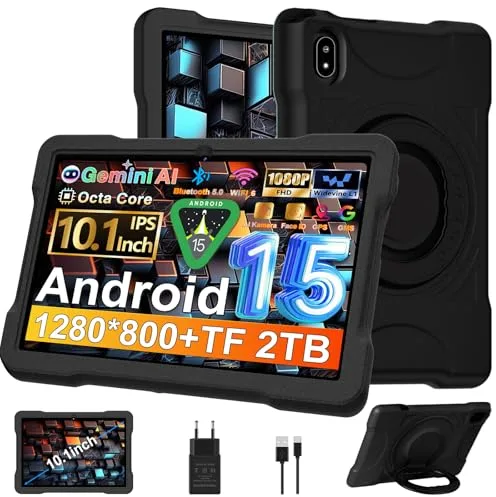 Android 15 Tablet 10 Pulgadas｜Octa Core 2.0Ghz｜ 64GB ROM (TF/2TB)｜5MP + 8MP｜Juegos Software educativo (iWAWA)｜1280 * 800 Pixels｜Widevine L1｜5G + 2.4G WiFi 6｜ 2026 Última Tableta con Funda Eva - Negro